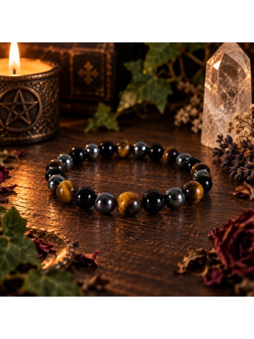 Natural Tiger Eye, Black Onyx & Hematite Crystal 8mm Stretch Bracelet